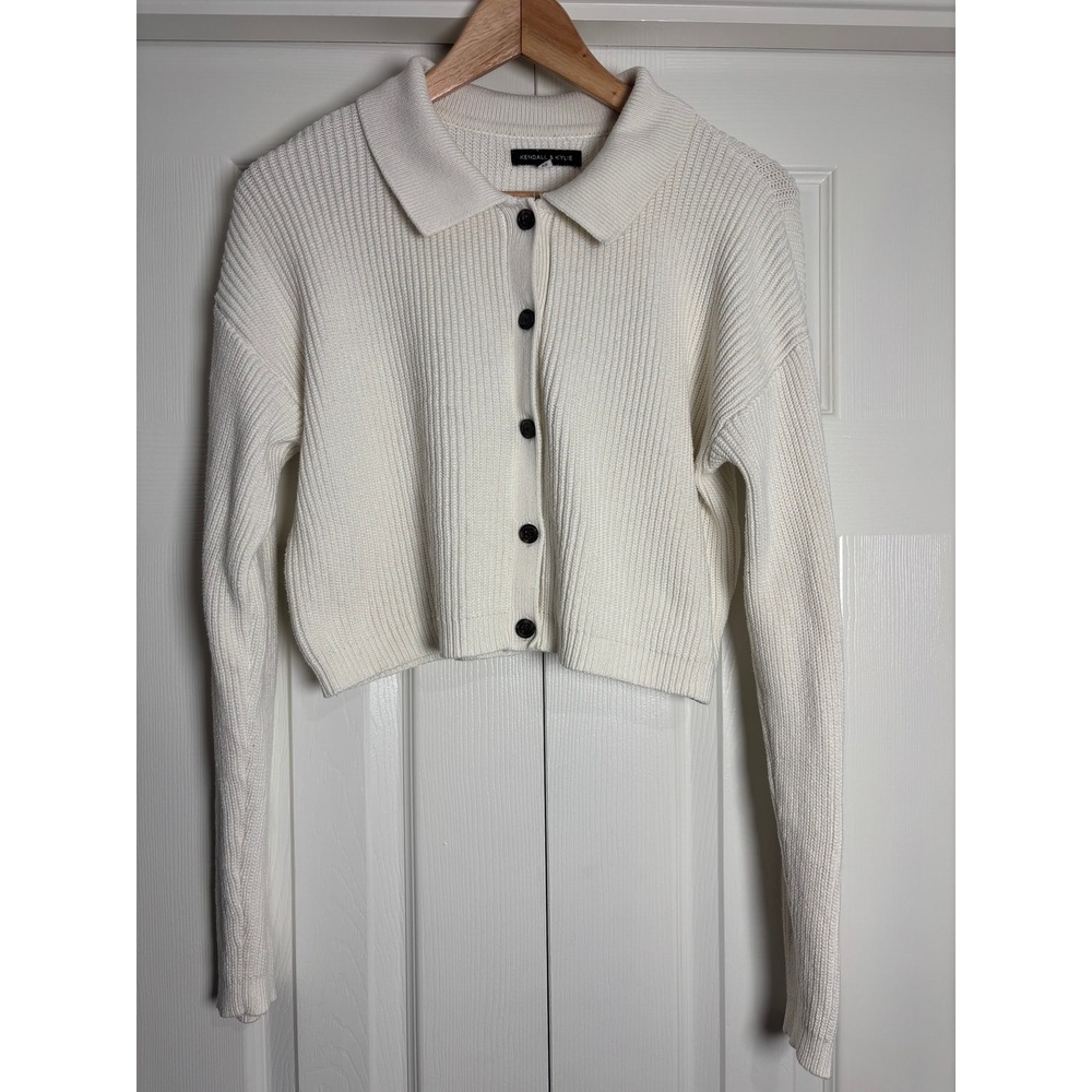 Kendall & Kylie Cream Ribbed Cropped Cardigan Sweater XS Collared Button Front
